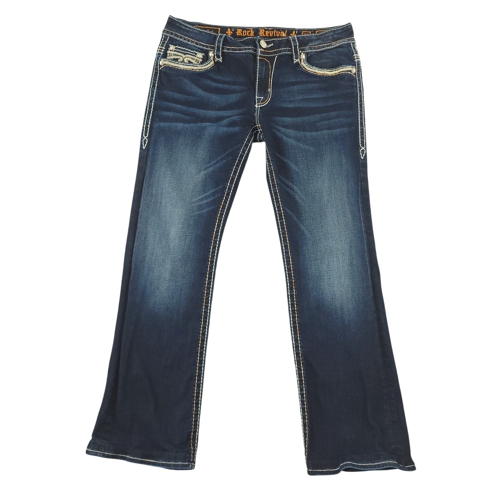 Rock Revival Luz Easy Boot Jeans Womens 33 Blue Wash Bootcut Embellished Denim